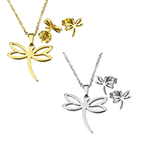 Fashion Stainless Steel Jewelry Sets, earring & necklace, Dragonfly, plated, oval chain & for woman Approx 17.8 Inch 