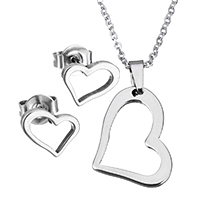 Fashion Stainless Steel Jewelry Sets, earring & necklace, Heart, oval chain & for woman, original color   Approx 17.8 Inch 