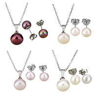 Natural Freshwater Pearl Jewelry Sets, Stainless Steel, earring & necklace, with Freshwater Pearl, oval chain & for woman Approx 17.8 Inch [