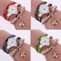 Wrap Watch, PU Leather, with Glass & Zinc Alloy, Chinese movement, Bowknot, gold color plated, for woman &  & with rhinestone 25mm, 6mm Approx 21.6 Inch 