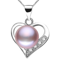 Cubic Zirconia Brass Pendants, with Freshwater Pearl, Heart, real silver plated, natural & with cubic zirconia, purple, lead & cadmium free Approx 2-4mm 