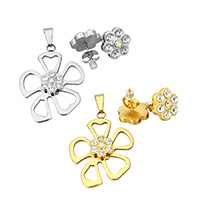 Rhinestone stainless steel Jewelry Set, pendant & earring, with rubber earnut, Flower, plated, for woman & with rhinestone & hollow Approx 