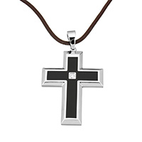 Stainless Steel Jewelry Necklace, with PU Leather, with 2.5lnch extender chain, Cross, for woman & enamel & with rhinestone 3mm Approx 17 Inch 