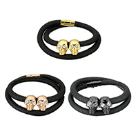 PU Leather Cord Bracelets, with Stainless Steel, Skull, plated, for woman & with rhinestone 6.5mm Approx 16 Inch 