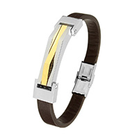 Men Bracelet, PU Leather, with Stainless Steel, plated, for man & two tone, brown Approx 9 Inch 
