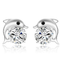 Cubic Zircon Brass Earring, Dolphin, platinum plated, for woman & with cubic zirconia 