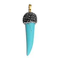 Synthetic Turquoise Pendant, with Rhinestone Clay Pave & Brass, Wolf Tooth, gold color plated Approx 
