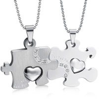 Stainless Steel Puzzle Couple Necklace, ball chain & with letter pattern & with rhinestone, original color Approx 23.6 Inch 