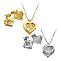 Rhinestone stainless steel Jewelry Set, earring & necklace, with 2lnch extender chain, Heart, plated, oval chain & with rhinestone Approx 18 Inch 