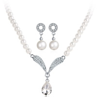 Wedding Jewelry Set, Glass Pearl, earring & necklace, with Crystal & Zinc Alloy, brass post pin, with 1.9lnch extender chain, Teardrop, platinum color plated, for bridal & with rhinestone, 20mm,30mm Approx 18.8.2 Inch, Approx 7 Inch 