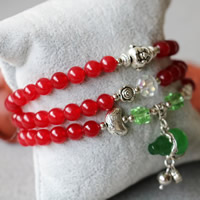 Poignet Mala, agate rouge, avec jade & cristal & Argent tibétain, calebasse, Plaqué de couleur d'argent, bracelet à breloques & 3 brins & facettes, 6mm Environ 22 pouce, Vendu par brin