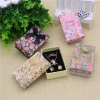 Cardboard Jewelry Set Box, finger ring & earring & necklace, with Ribbon & Sponge, Rectangle, with flower pattern, mixed colors 