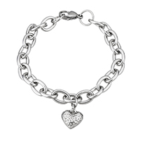 Stainless Steel Charm Bracelet, Heart, oval chain & for woman & hammered, original color  Approx 7 Inch 