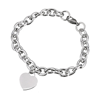 Stainless Steel Charm Bracelet, Heart, oval chain & for woman, original color  Approx 8.5 Inch 