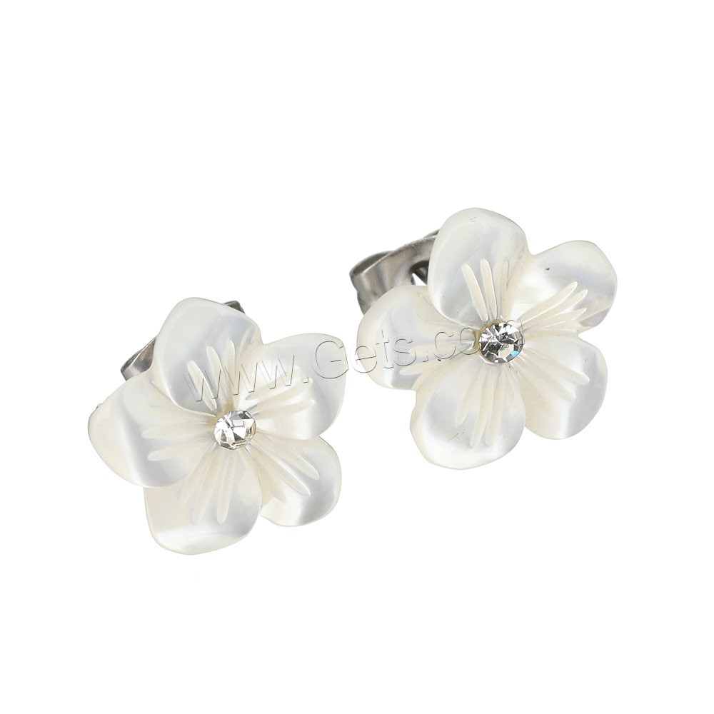 Белый оболочка Серьги, нержавеющая сталь, с Белая ракушка, Форма цветка, натуральный, разный размер для выбора & со стразами, продается Пара