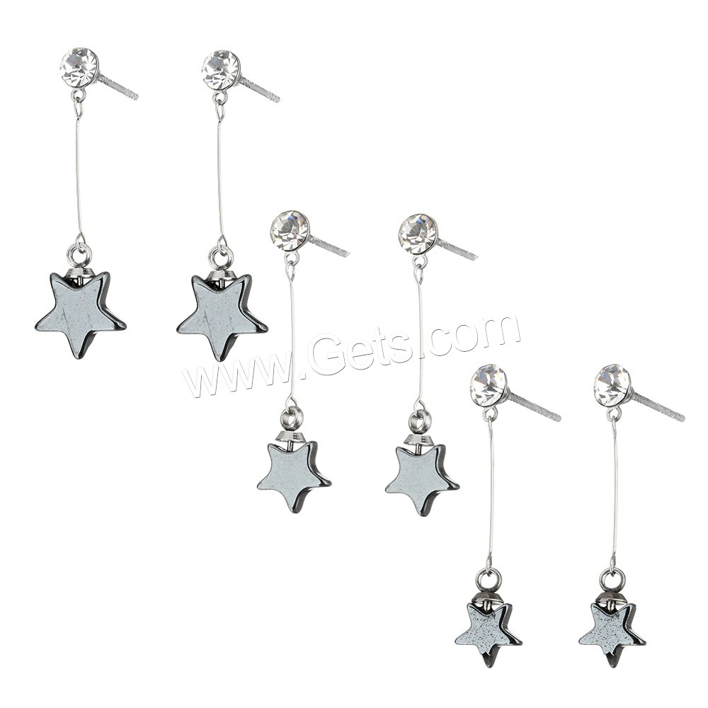 Non Magnetic Hematite Earrings, Stainless Steel, with Non Magnetic Hematite, Star, different size for choice & with rhinestone, Sold By Pair