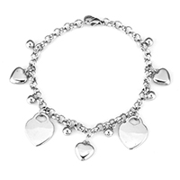 Stainless Steel Charm Bracelet, Heart, rolo chain & for woman, original color   Approx 8.5 Inch 