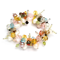 Bracelets en perles de cristal, perle d'eau douce cultivée, avec cristal & laiton, Placage de couleur platine, naturel & facettes - Environ 6 pouce, Vendu par brin