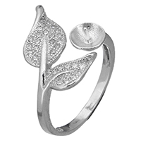 Sterling Silver Ring Mounting, 925 Sterling Silver, Leaf, open & micro pave cubic zirconia, 14mm, 0.7mm, US Ring 