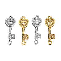 Cubic Zirconia Micro Pave Brass Connector, Key, plated, micro pave cubic zirconia & 1/1 loop Approx 1mm 