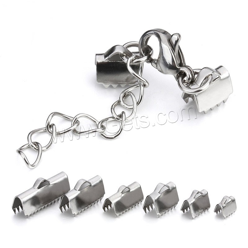 Stainless Steel Lobster Claw Cord Clasp, with ribbon crimp end & different size for choice, original color, Sold By PC
