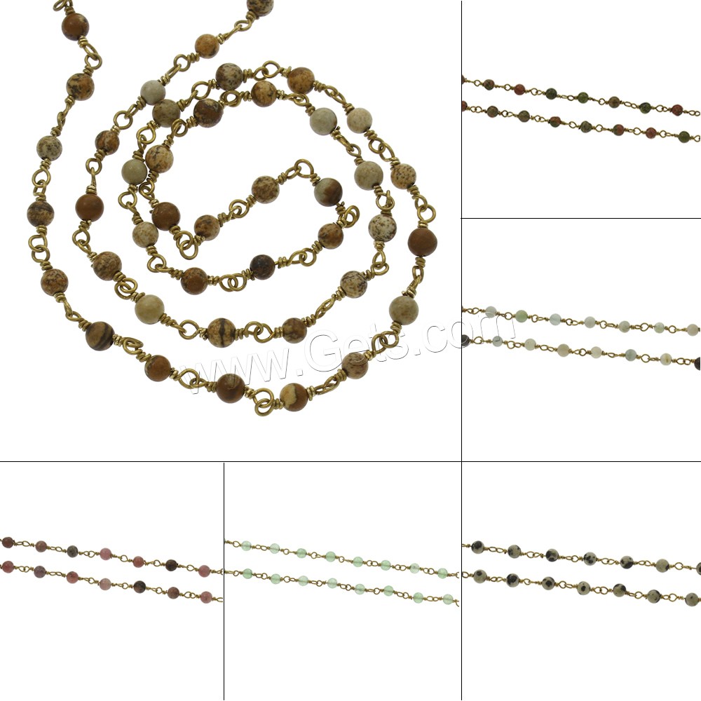 Gemstone Decorative Chain, with brass chain, plated, different materials for choice, more colors for choice, 4mm, Sold By m