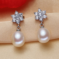 Freshwater Pearl Brass Earring, with Freshwater Pearl, Potato, platinum color plated, natural & with cubic zirconia, lead & cadmium free, 8-9mm 