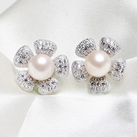 Freshwater Pearl Brass Earring, with Freshwater Pearl, Flower, platinum color plated, natural & with rhinestone, nickel, lead & cadmium free, 7-8mm 