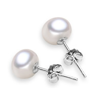 Freshwater Pearl Stud Earring, Zinc Alloy, with Freshwater Pearl, stainless steel post pin, Potato, platinum color plated, natural, lead & cadmium free, 7-8mm 