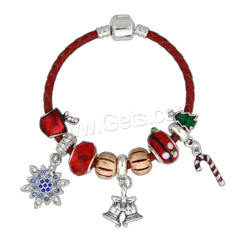 Zinc Alloy Christmas Bracelet, with cowhide cord & Crystal & Lampwork, plated, charm bracelet & different length for choice & Christmas jewelry & for woman & enamel & with rhinestone, Sold By Strand