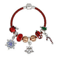 Zinc Alloy Christmas Bracelet, with cowhide cord & Crystal & Lampwork, plated, charm bracelet & Christmas jewelry & for woman & enamel & with rhinestone 