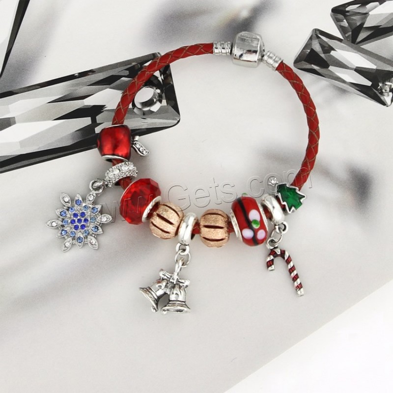 Zinc Alloy Christmas Bracelet, with cowhide cord & Crystal & Lampwork, plated, charm bracelet & different length for choice & Christmas jewelry & for woman & enamel & with rhinestone, Sold By Strand