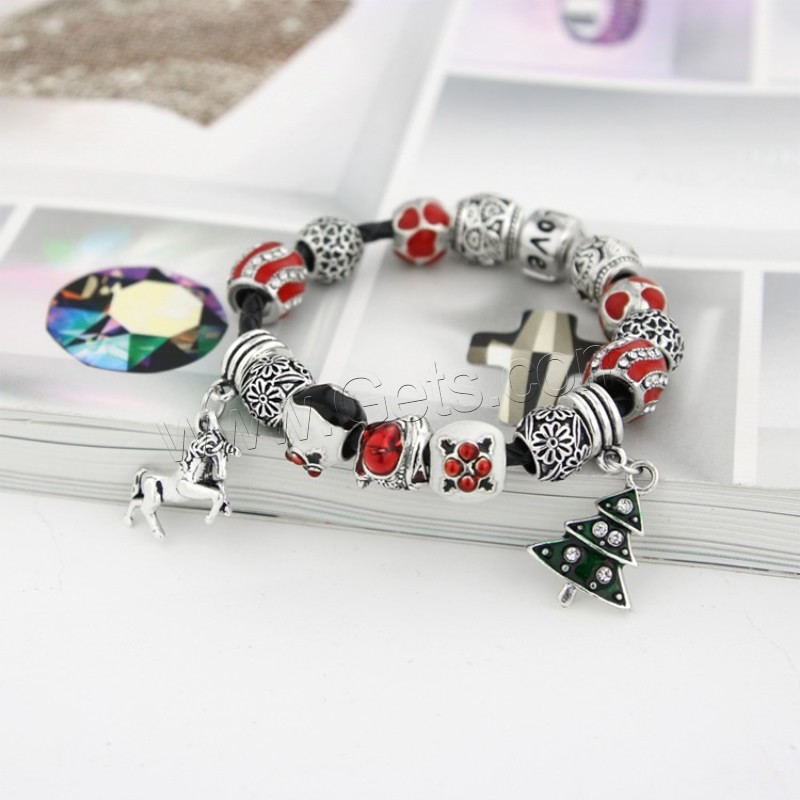 Zinc Alloy Christmas Bracelet, with cowhide cord, word love, plated, charm bracelet & different length for choice & Christmas jewelry & for woman & enamel & with rhinestone, Sold By Strand
