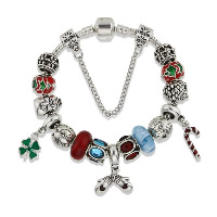 Zinc Alloy European Bracelets, with brass chain & Crystal & Lampwork, plated, charm bracelet & Christmas jewelry & snake chain & with letter pattern & for woman & enamel & faceted & with rhinestone 
