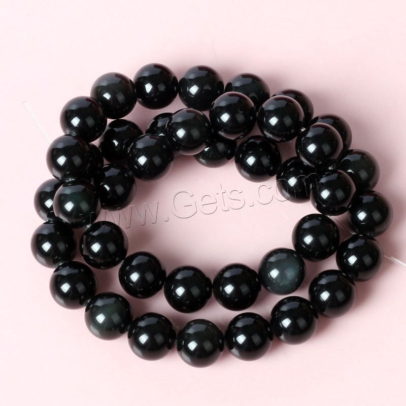 Schwarze Obsidian Perlen, Schwarzer Obsidian, rund, natürlich, verschiedene Größen vorhanden, Bohrung:ca. 1mm, Länge:ca. 15 ZollInch, verkauft von Strang