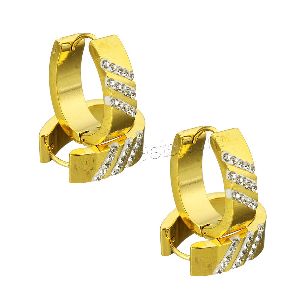 Stainless Steel Huggie Hoop Earring, with Rhinestone Clay Pave, gold color plated, different size for choice, 12Pairs/Bag, Sold By Bag
