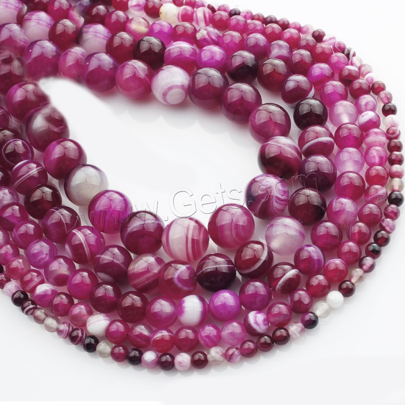 Natürliche Streifen Achat Perlen, rund, verschiedene Größen vorhanden, rosakarmin, Länge:ca. 15 ZollInch, verkauft von Strang