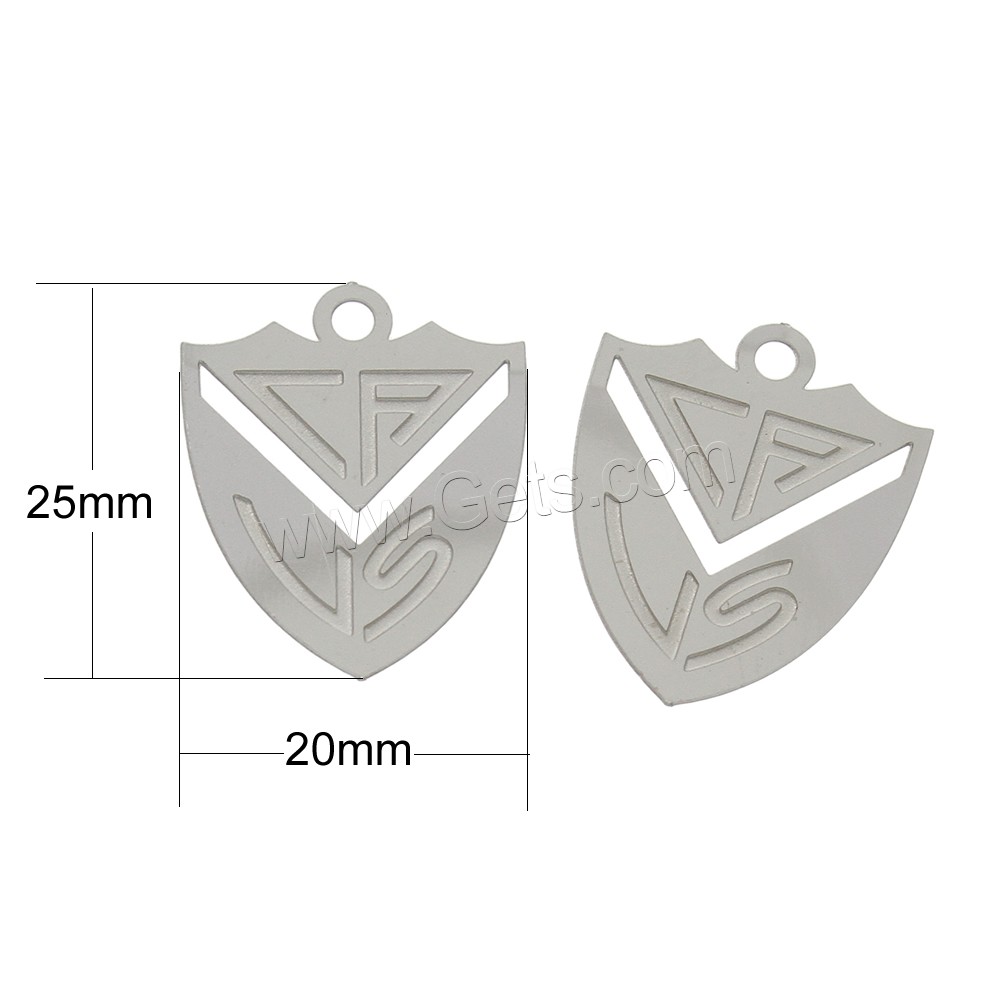 Stainless Steel Pendants, Shield, different size for choice, original color, 20x25x0.4mm, Hole:Approx 1.5mm, Sold By PC