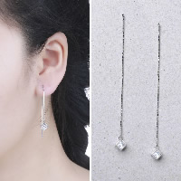 Sterling Silver Thread Through Earrings, 925 Sterling Silver, sterling silver post pin, Cube, for woman & with cubic zirconia 70mm 