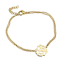Bracelets en acier inoxydable, avec 1.3lnch chaînes de rallonge, fleur, Placage de couleur d'or, chaîne ovale & pour femme & 2 fils 1.5mm Environ 7.5 pouce, Vendu par brin