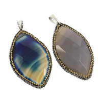 Lace Agate Pendants, with zinc alloy bail & Rhinestone Clay Pave, Leaf, platinum color plated, faceted 9- Approx 