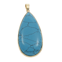 Natural Turquoise Pendant, with Zinc Alloy, Teardrop, gold color plated, blue 7- Approx 