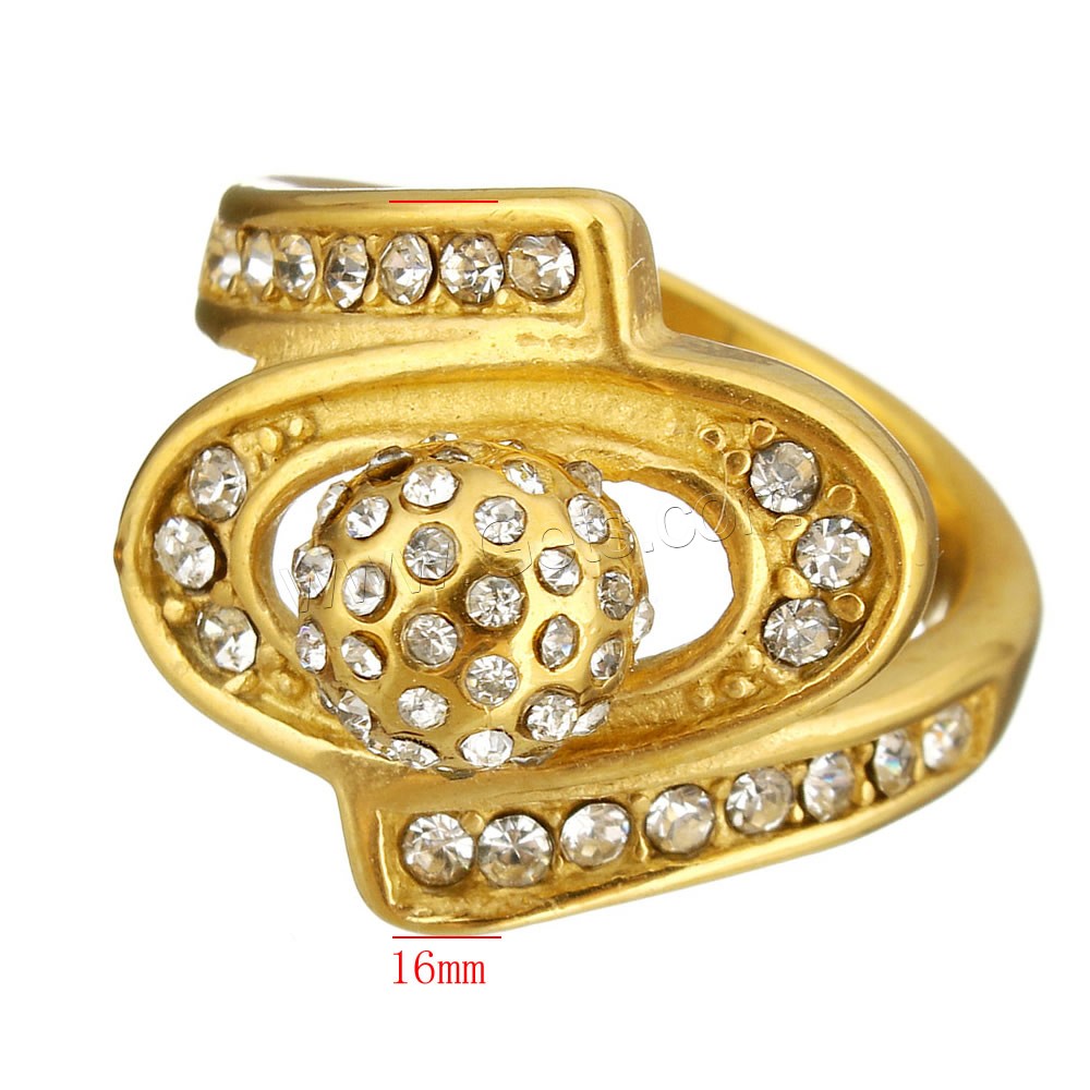Rhinestone Stainless Steel Finger Ring, gold color plated, different size for choice & for woman & with rhinestone, more colors for choice, 16mm, Sold By PC