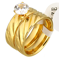 Stainless Steel Ring Set, with Crystal, gold color plated, flower cut & faceted, 7mm, 5.5mm 