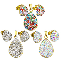 Rhinestone stainless steel Jewelry Set, pendant & earring, with Rhinestone Clay Pave, Teardrop, gold color plated, for woman Approx 