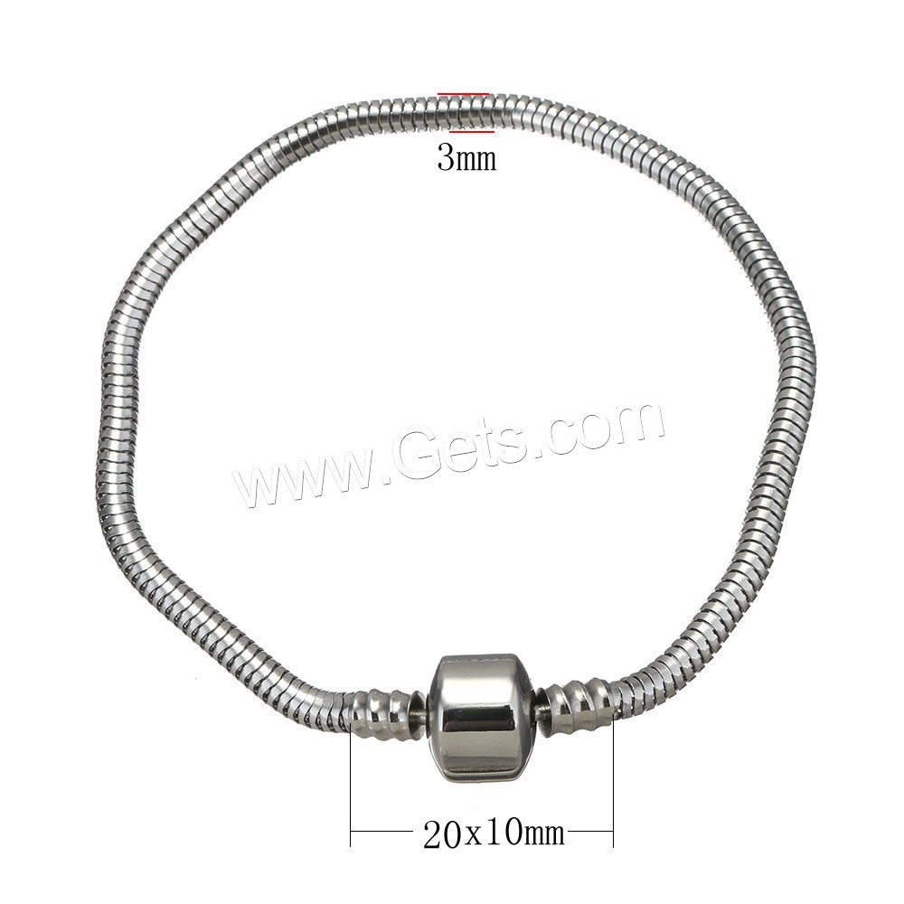 Europeo Pulsera cadena del acero inoxidable, longitud diferente para la opción & cadena de la serpiente, color original, 3mm, 20x10x10mm, Vendido por Sarta