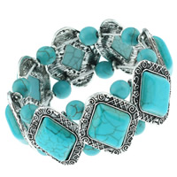 Zinc Alloy Turquoise Bracelets, with Synthetic Turquoise, Rhombus, antique silver color plated, elastic, blue, lead & cadmium free, 30mm Approx 6 Inch 