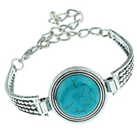 Zinc Alloy Turquoise Bracelets, with Synthetic Turquoise, with 5cm extender chain, Flat Round, antique silver color plated, blue, lead & cadmium free, 25mm Approx 7.5 Inch 