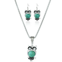 Turquoise Zinc Alloy Jewelry Sets, earring & necklace, with iron chain & Synthetic Turquoise, brass earring hook, with 5cm extender chain, Owl, antique silver color plated, lantern chain & with rhinestone, blue, lead & cadmium free Approx 17.5 Inch 