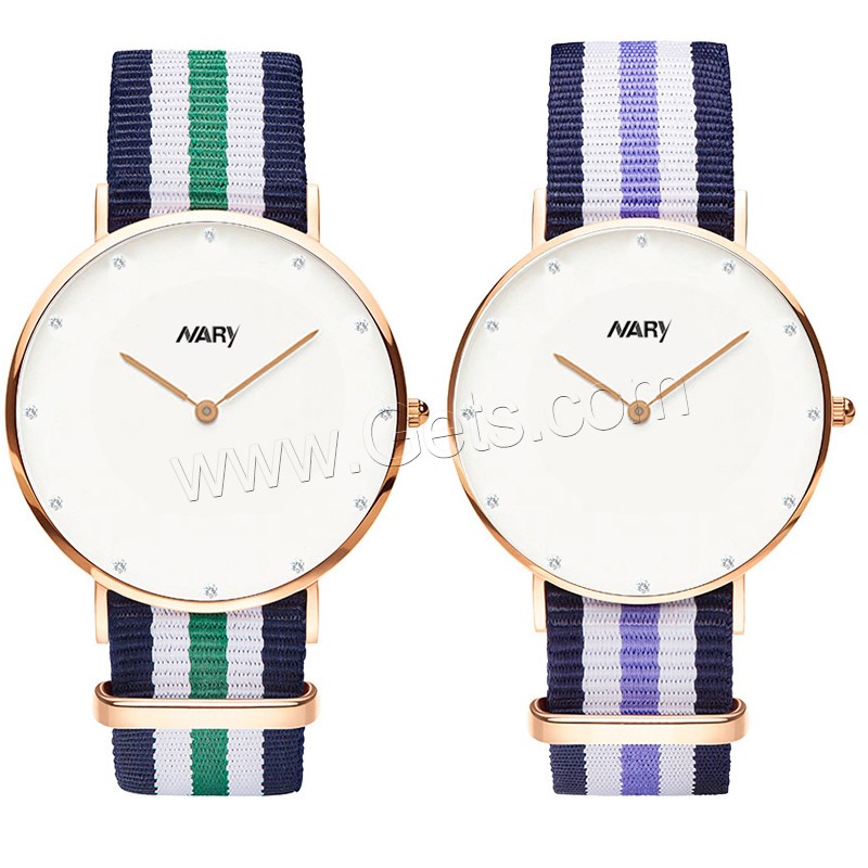 Unisex Wrist Watch, Nylon, with zinc alloy dial & Glass & Stainless Steel, rose gold color plated, adjustable & different size for choice & waterproof & with rhinestone, more colors for choice, Sold By PC